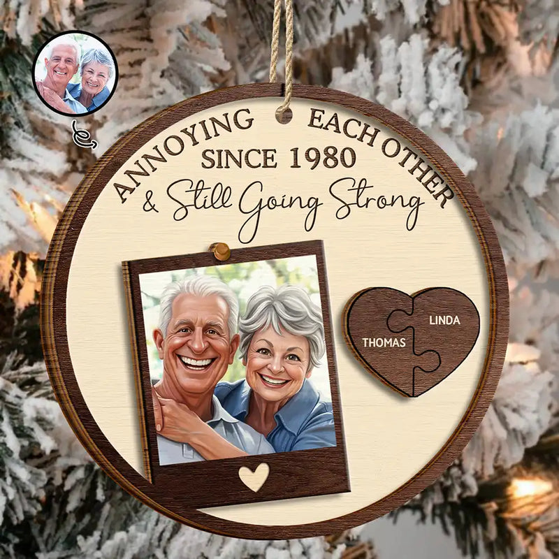 Art Design,Christmas,Humorous,Old Couples,Gift For Couples,Photo - Caricature - With BG - Custom Photo Caricature Annoying Each Other And Still Going Strong - Personalized 2-Layered Wooden Ornament