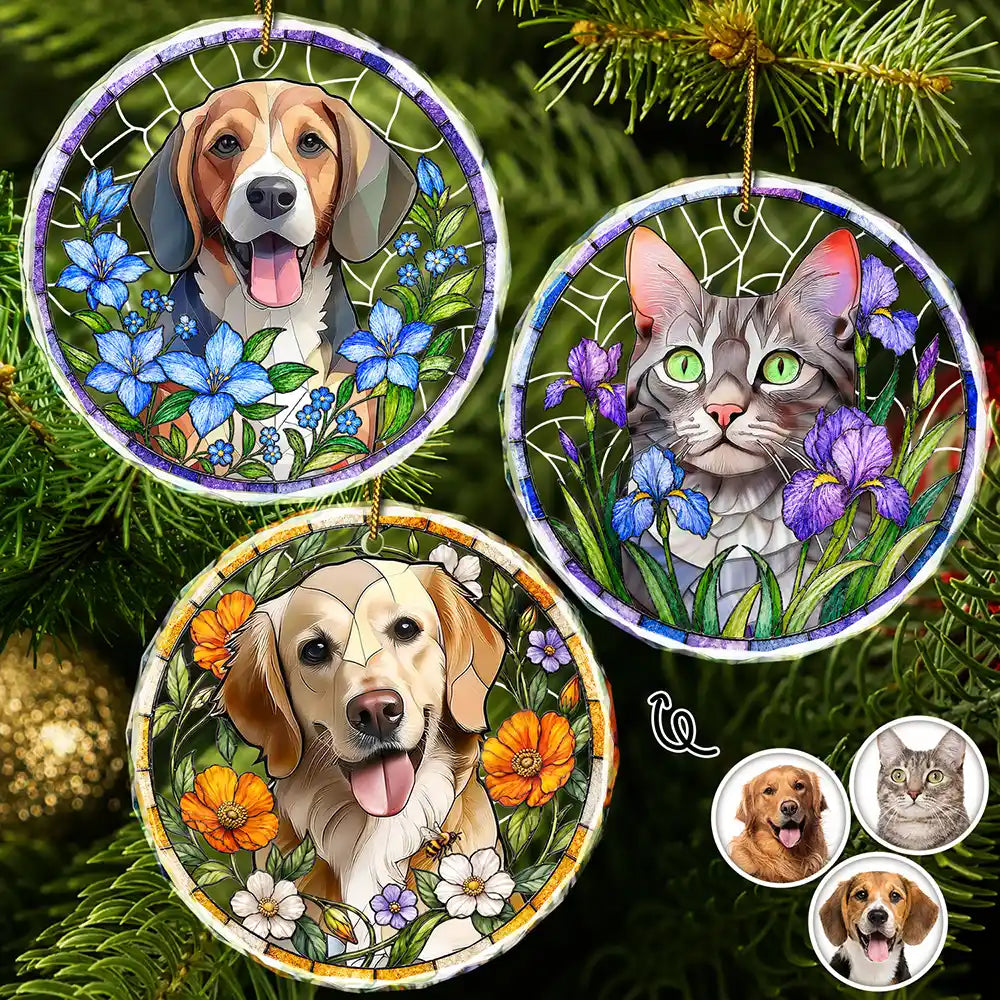 Custom Photo Stained Glass Dog Cat Family Blue Flower - Personalized Circle Glass Ornament