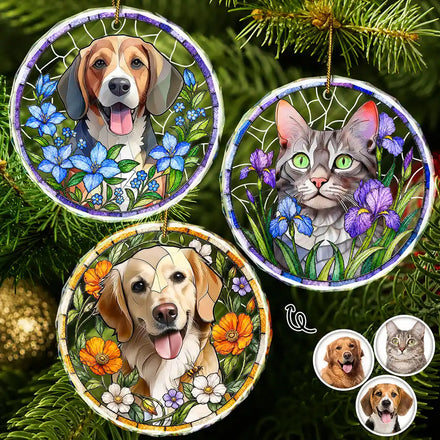 Custom Photo Stained Glass Dog Cat Family Blue Flower - Personalized Circle Glass Ornament