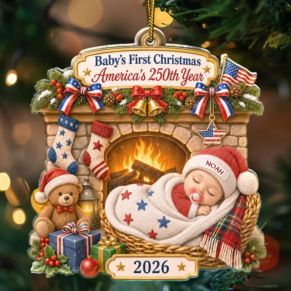 Top Market,Adorable,Independence Day,New Mom,America 250th,Christmas,Gift For Mother,Vector - Baby First Christmas Fireplace America 250th Anniversary - Personalized Custom Shaped Acrylic Ornament