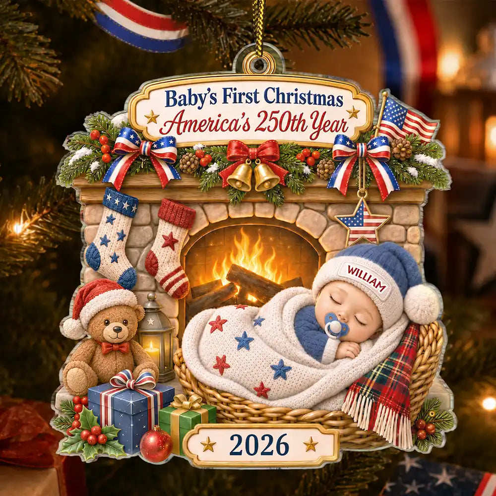 Baby First Christmas Fireplace America 250th Anniversary - Personalized Custom Shaped Acrylic Ornament