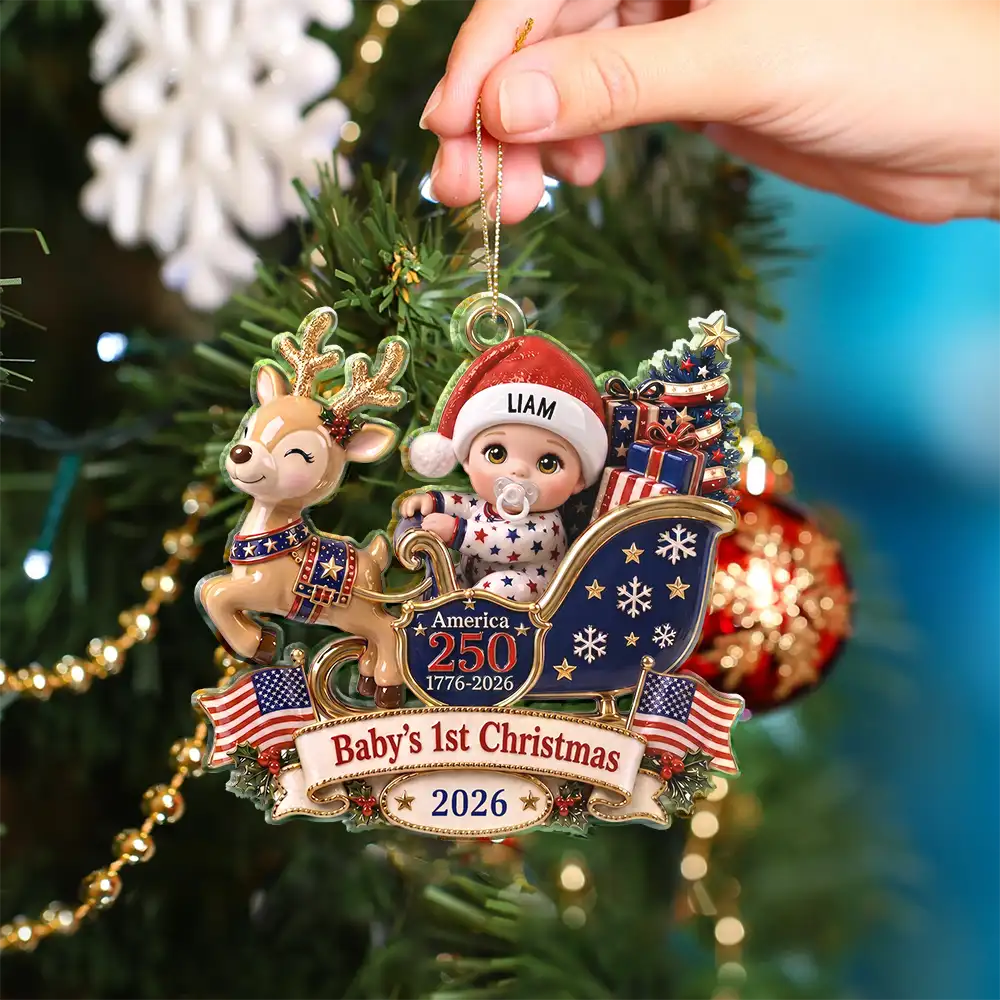 Adorable,Independence Day,New Mom,America 250th,Christmas,Gift For Mother,Vector - Baby's 1st Christmas In Sleigh America 250th Anniversary - Personalized Custom Shaped Acrylic Ornament