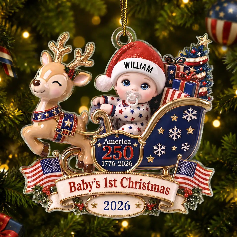 Baby's 1st Christmas In Sleigh America 250th Anniversary - Personalized Custom Shaped Acrylic Ornament
