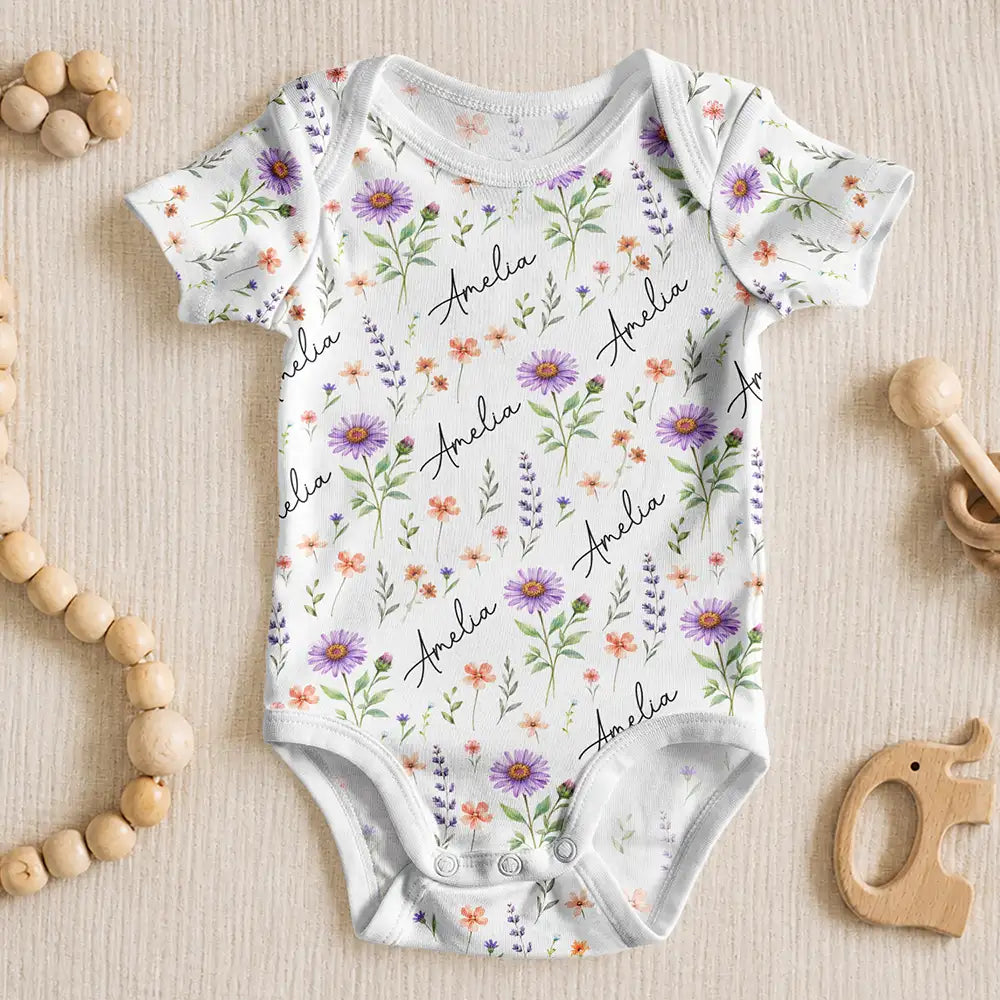 Adorable,New Mom,Gift For Mother,Icon - Birth Flower Pattern With Name Gift For New Mom New Baby - Personalized Baby Bodysuit