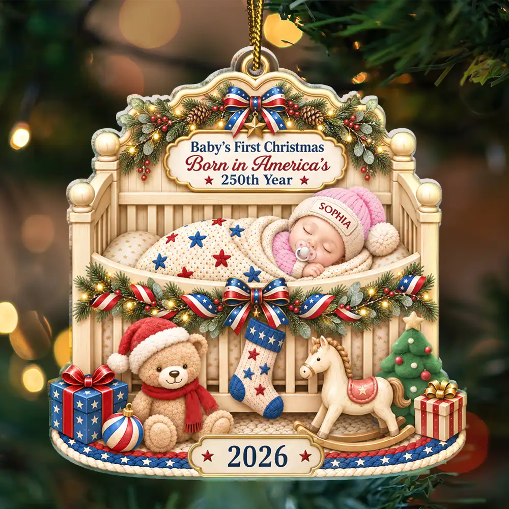 Top Market,Adorable,Independence Day,New Mom,America 250th,Christmas,Gift For Mother,Vector - First Christmas Baby Sleeping America 250th Anniversary - Personalized Custom Shaped Acrylic Ornament