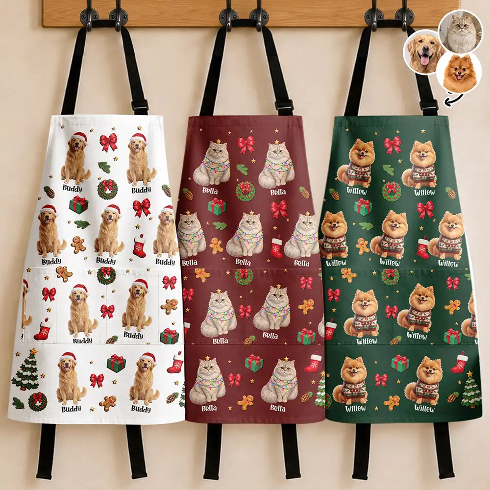 Art Design,Christmas,Custom Photo,Happy,Pet Lovers,Photo - Christmas Accessories 3D Cartoon Pet - Christmas Gift For Pet Mom - Personalized Custom Photo Pet Name Festive Pattern Apron