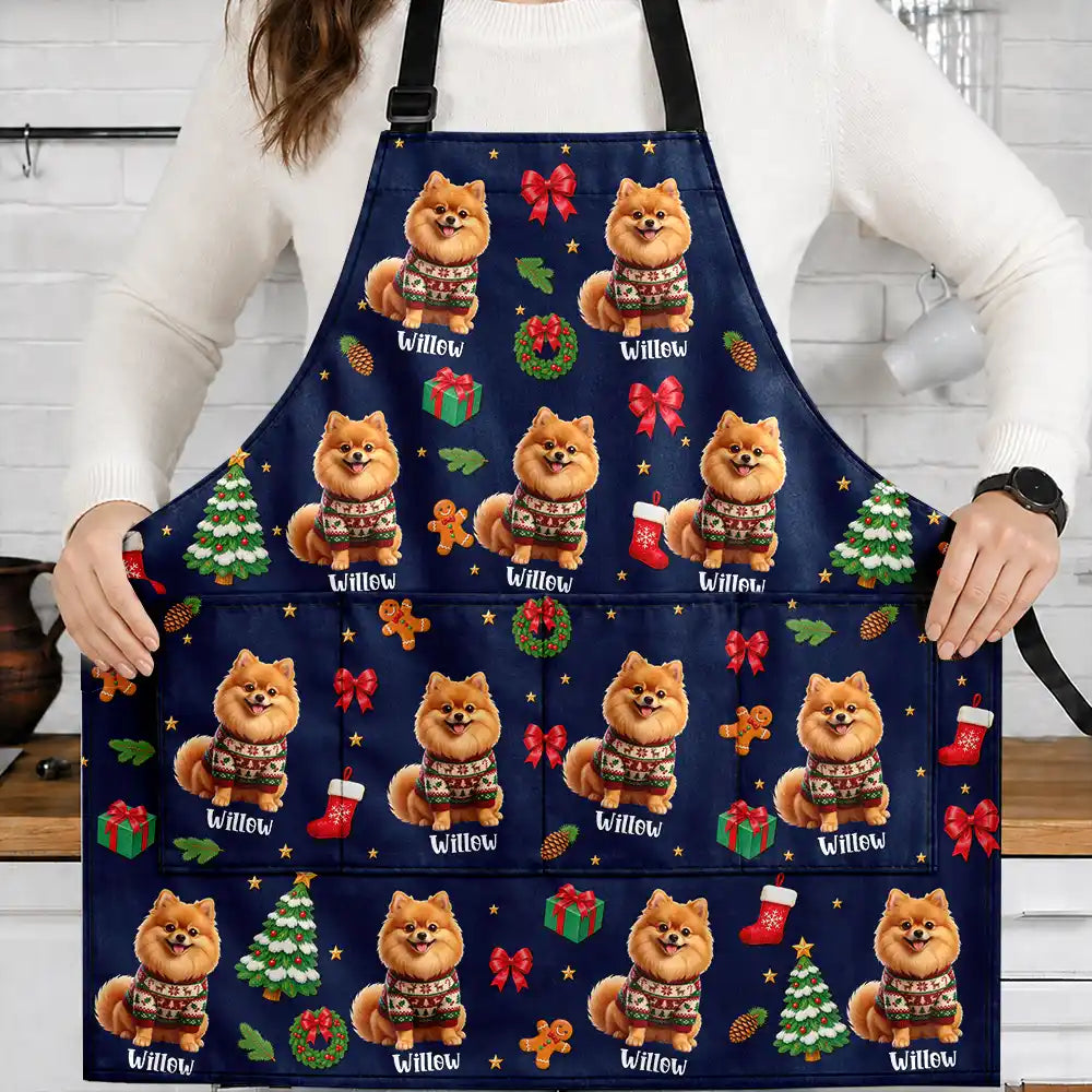 Art Design,Christmas,Custom Photo,Happy,Pet Lovers,Photo - Christmas Accessories 3D Cartoon Pet - Christmas Gift For Pet Mom - Personalized Custom Photo Pet Name Festive Pattern Apron