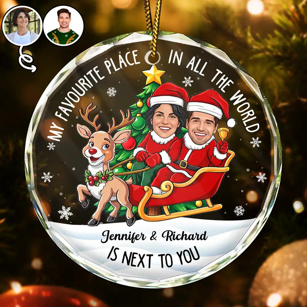 Funny Christmas Gift For Couples - Personalized Custom Photo My Favorite Place In All The World Circle Glass Ornament