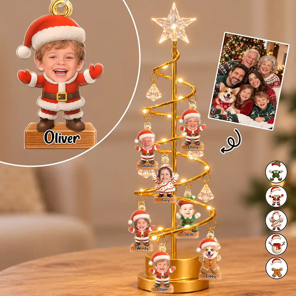 Family Together Santa Elf Snowman Custom Name - Personalized Custom Photo Christmas LED Tree Lights
