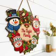 Christmas, Family, Happy, Icon - Christmas Decor For Family - Personalized Snowman Wreath Wood Sign