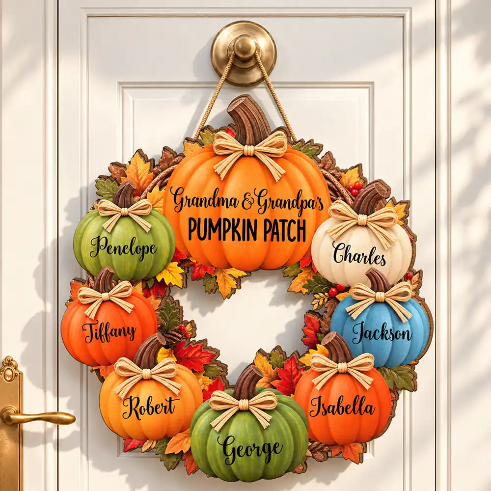 Thanksgiving Gift For Grandparents - Personalized Pumpkin Patch Kids Names Wreath Wood Sign