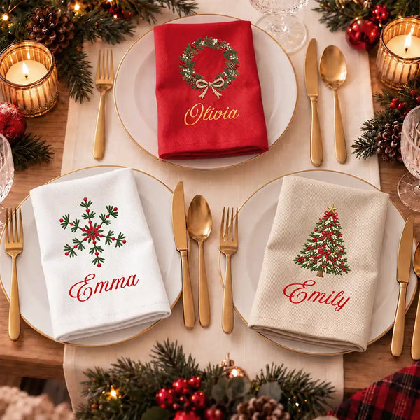 Christmas,Family,Icon,Sentimental - Christmas Table Decor Gift For Family - Personalized Name & Faux Embroidered Effect Christmas Icons Reusable Napkin