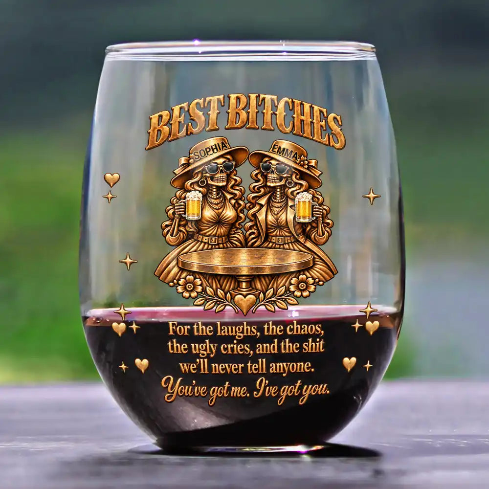 Afro Besties,Christmas,Gift For Bestie,Humorous,Top Market,Vector - Gift For Best Friend - Personalized Skeleton Chaos Together Stemless Wine Glass