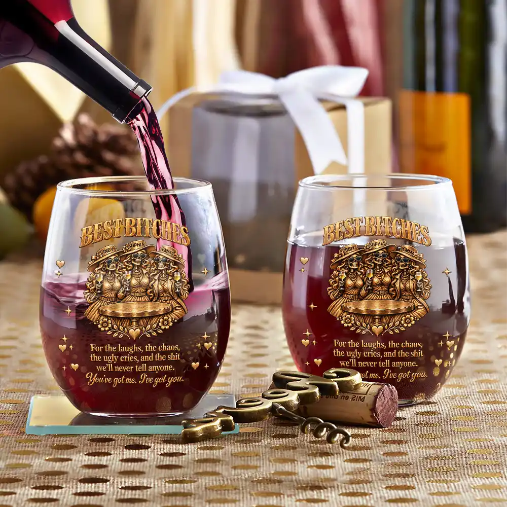 Afro Besties,Christmas,Gift For Bestie,Humorous,Top Market,Vector - Gift For Best Friend - Personalized Skeleton Chaos Together Stemless Wine Glass