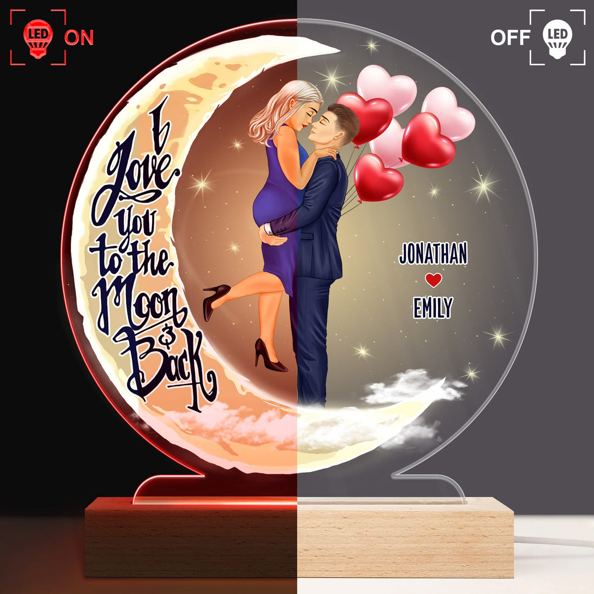 I Love You To The Moon And Back - Anniversary, Birthday Gift For Spouse, Lover, Husband, Wife, Boyfriend, Girlfriend, Married Couple - Personalized Custom 3D Led Light Wooden Base