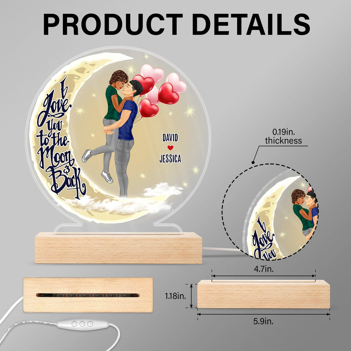 I Love You To The Moon And Back - Anniversary, Birthday Gift For Spouse, Lover, Husband, Wife, Boyfriend, Girlfriend, Married Couple - Personalized Custom 3D Led Light Wooden Base