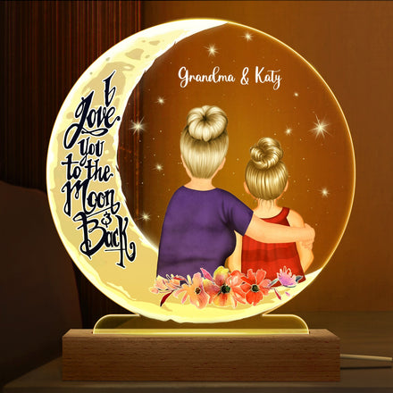 Je t'aime jusqu'à la lune et retour - Cadeau pour grand-mère - Base en bois personnalisée avec lumière LED 3D