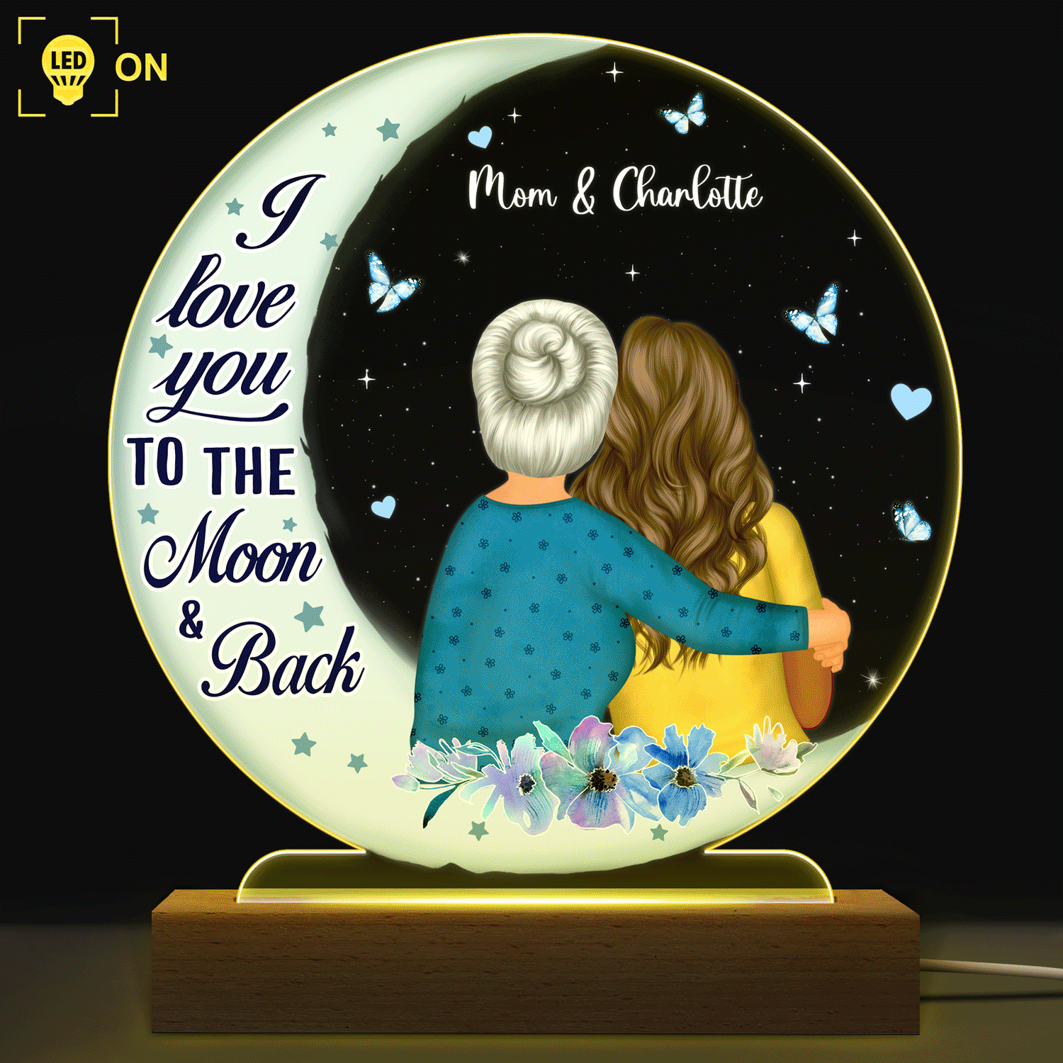 Je t'aime jusqu'à la lune et retour - Cadeau pour grand-mère - Base en bois personnalisée avec lumière LED 3D