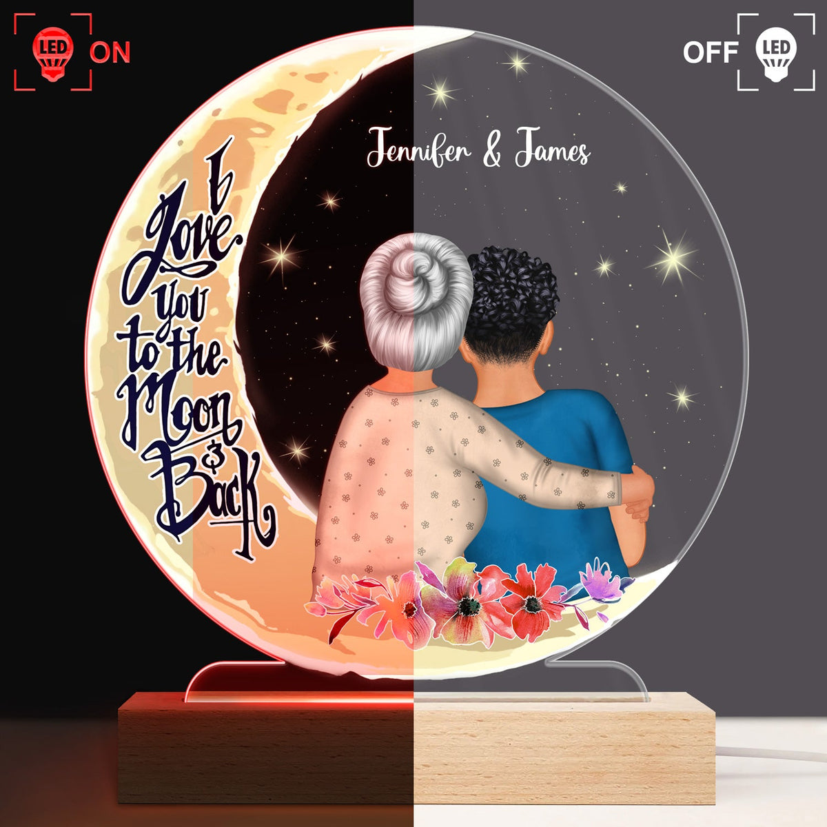 Je t'aime jusqu'à la lune et retour - Cadeau pour grand-mère - Base en bois personnalisée avec lumière LED 3D