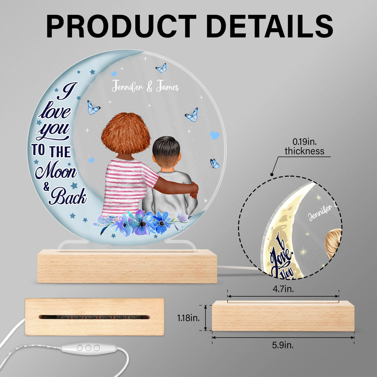 Je t'aime jusqu'à la lune et retour - Cadeau pour grand-mère - Base en bois personnalisée avec lumière LED 3D