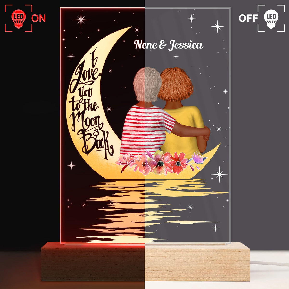Love You To The Moon & Back - Gift For Grandma - Personalized Custom 3D Led Light Wooden Base