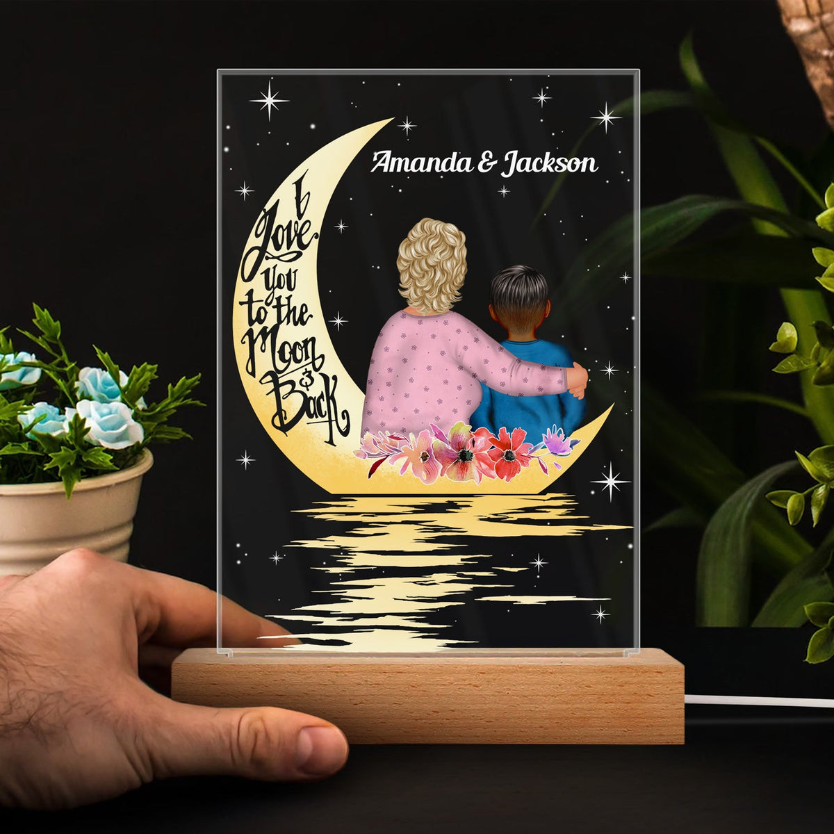 Love You To The Moon & Back - Gift For Grandma - Personalized Custom 3D Led Light Wooden Base