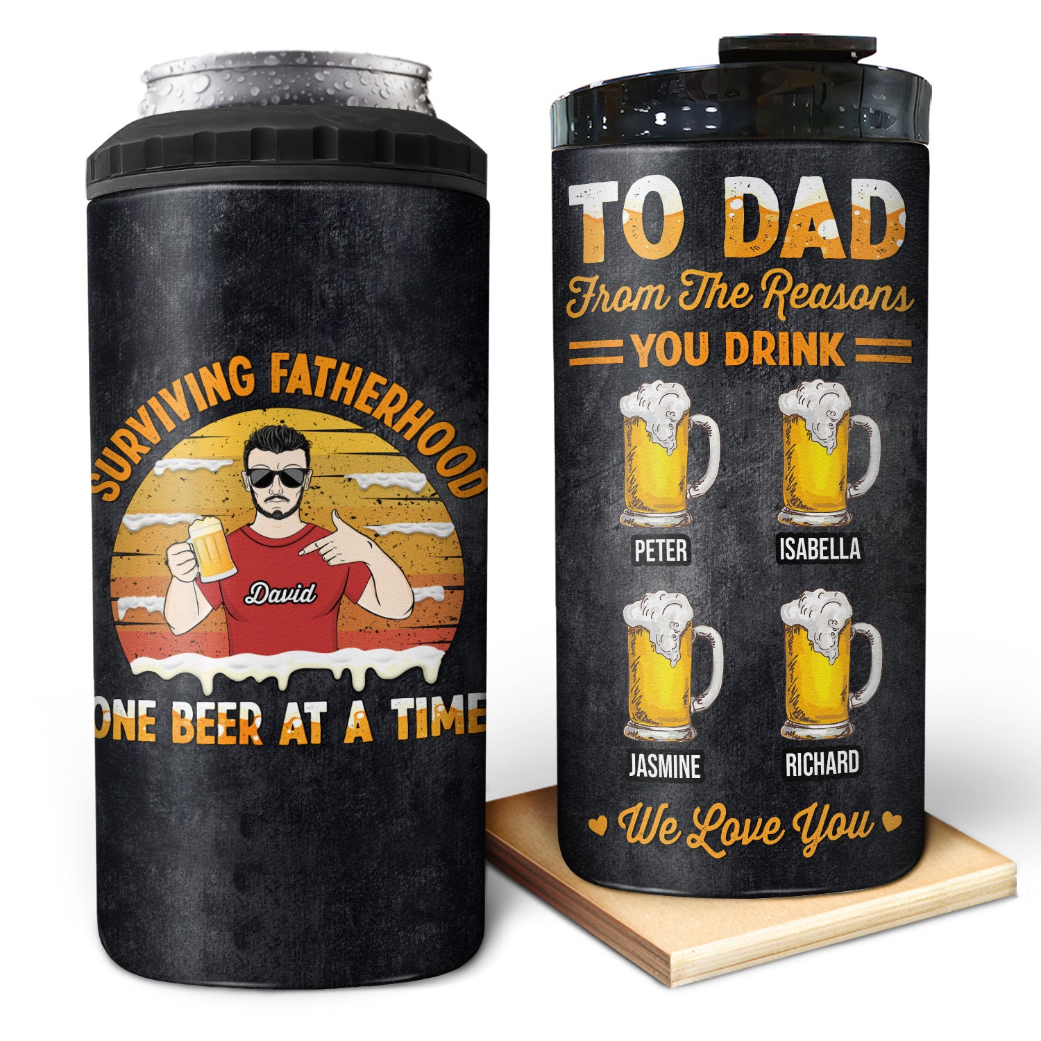 Surviving Fatherhood One Beer From The Reasons You Drink - Birthday, Loving Gift For Dad, Father, Grandpa, Grandfather - Personalized Custom 4 In 1 Can Cooler Tumbler