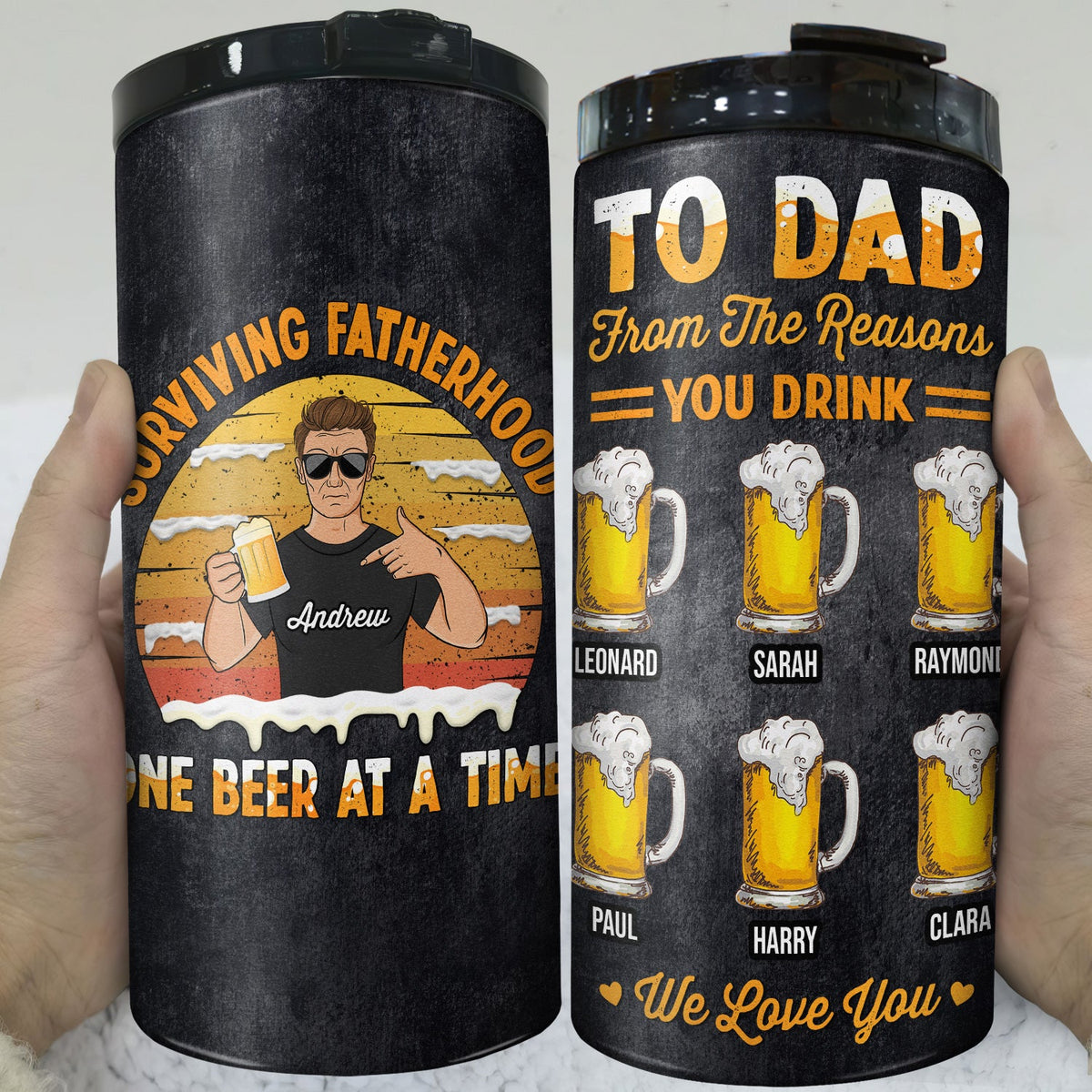 Surviving Fatherhood One Beer From The Reasons You Drink - Birthday, Loving Gift For Dad, Father, Grandpa, Grandfather - Personalized Custom 4 In 1 Can Cooler Tumbler