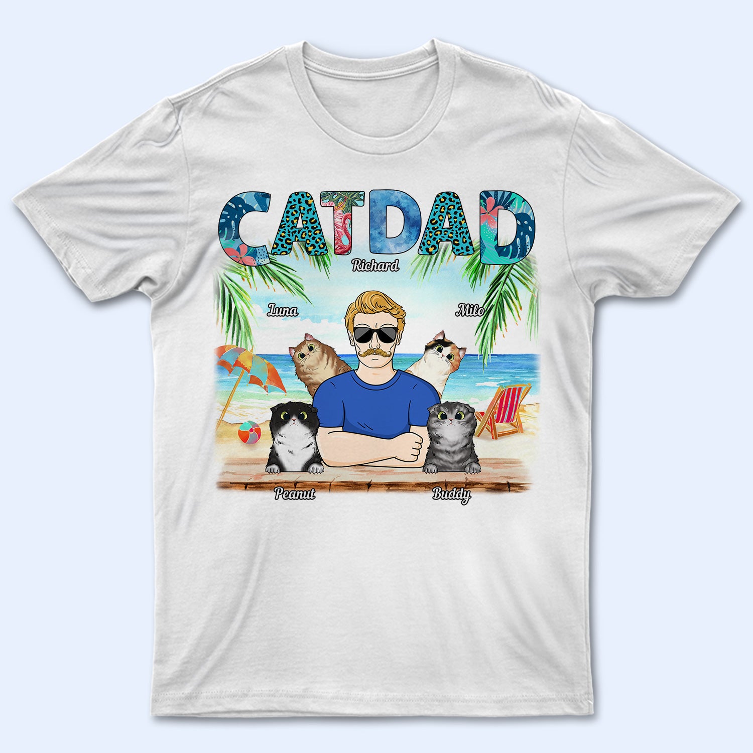 Cat Dad Tropical Beach Sea Ocean - Birthday, Summer Gift For Father, Grandpa, Husband, Pet Lovers - Personalized Custom T Shirt