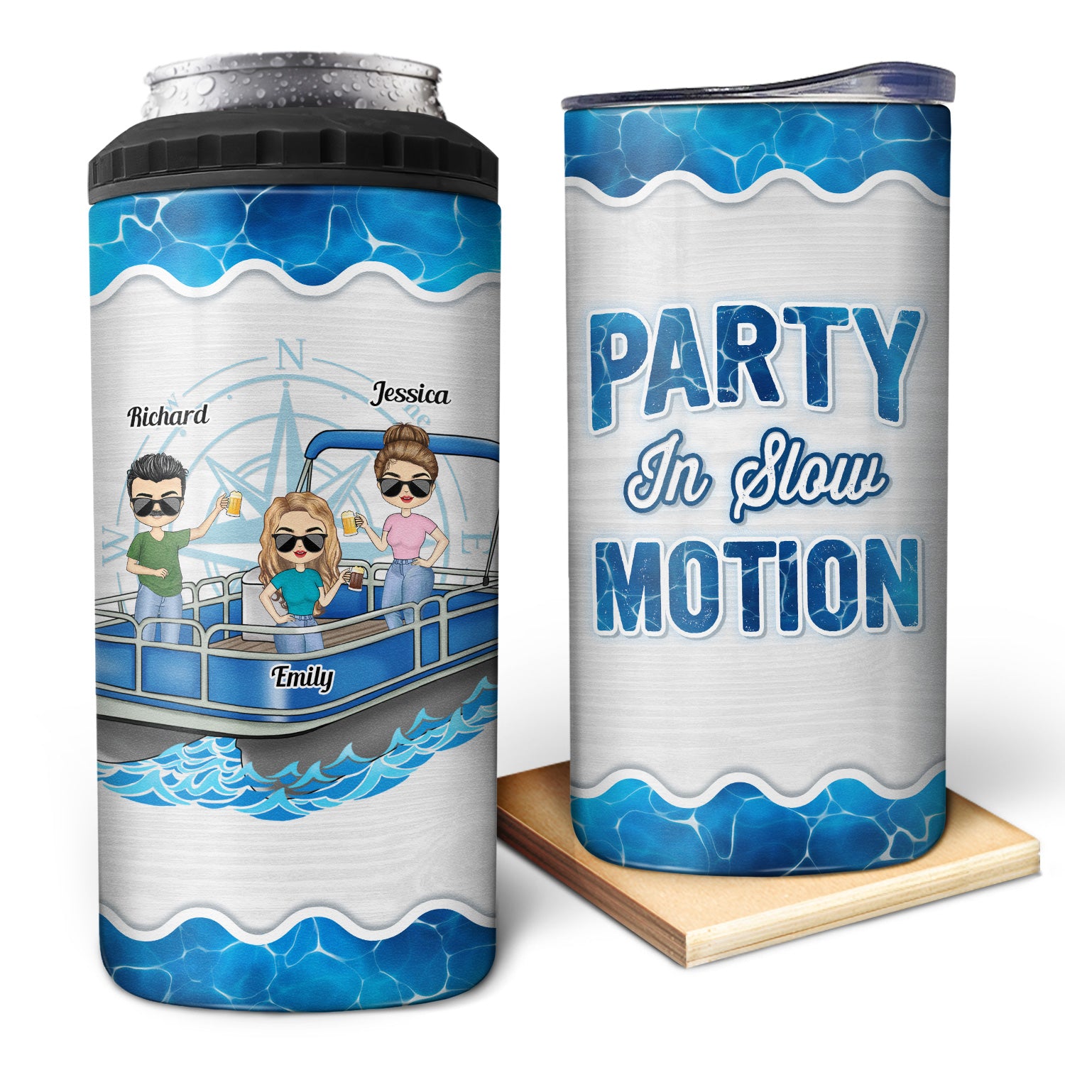 Pontoon Party In Slow Motion - Birthday, Traveling, Cruising Gift For Family, Besties, BFF Best Friends, Lake Lovers, Travelers - Personalized Custom 4 In 1 Can Cooler Tumbler