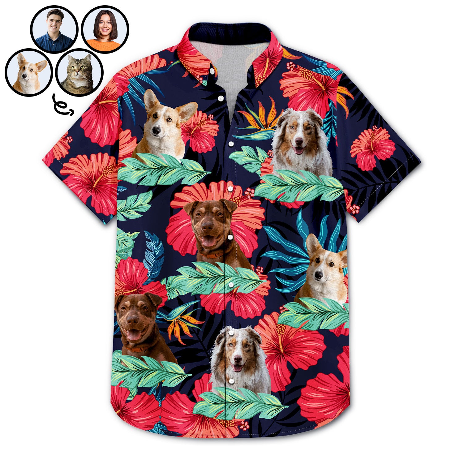 Custom Photo Human And Pet Faces - Gift For Men, Women, Dog And Cat Lovers - Personalized Hawaiian Shirt