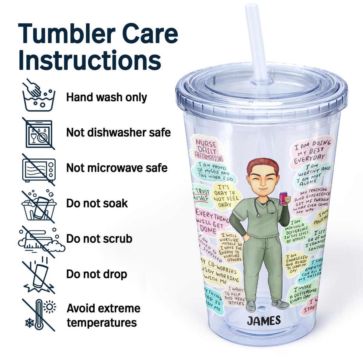 Nurse Daily Affirmation - Gift For Nurse - Personalized Acrylic Insulated Tumbler With Straw
