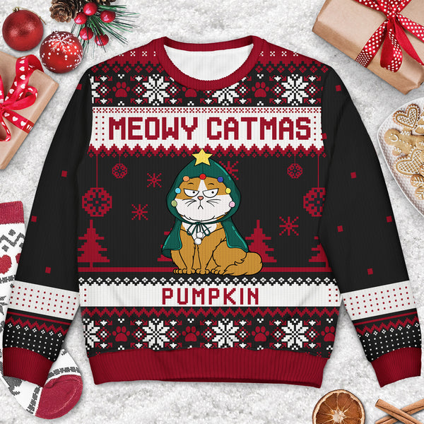 Meowy Catmas Funny Cartoon Cats Christmas Gift For Cat Lovers Cat Moms Cat Dads Personalized Unisex Ugly Sweater