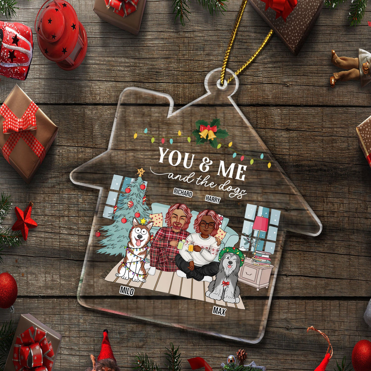 Couple toi et moi et les chiens - Cadeau de Noël pour couples, amoureux des chiens, mari, femme - Décoration acrylique personnalisée en forme