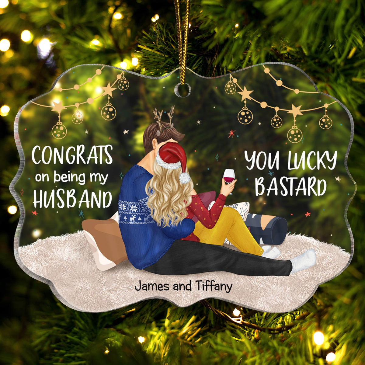 Congrats On Being My Husband Backside - Anniversary, Vacation, Funny Christmas Gift For Couples, Family - Personalized Medallion Acrylic Ornament