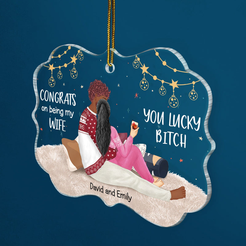 Congrats On Being My Husband Backside - Anniversary, Vacation, Funny Christmas Gift For Couples, Family - Personalized Medallion Acrylic Ornament