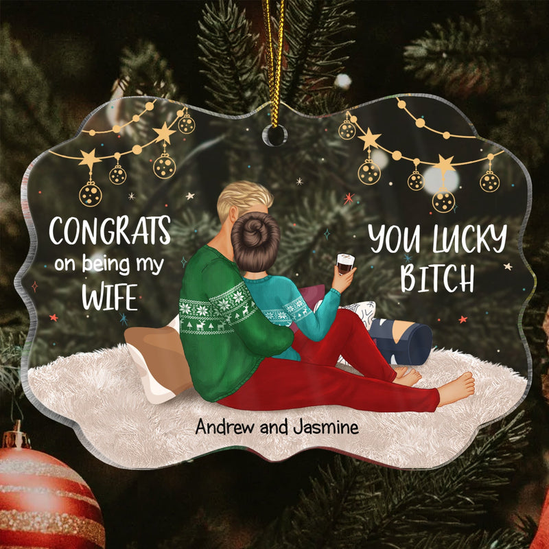 Congrats On Being My Husband Backside - Anniversary, Vacation, Funny Christmas Gift For Couples, Family - Personalized Medallion Acrylic Ornament