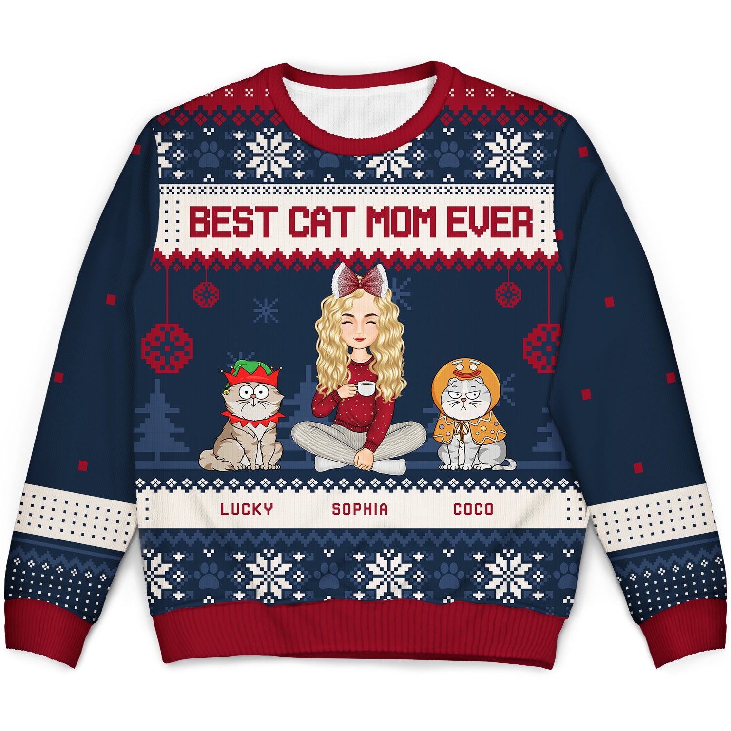 Best Cat Mom Ever Cartoon Style - Christmas Gift For Cat Lovers - Personalized Unisex Ugly Sweater