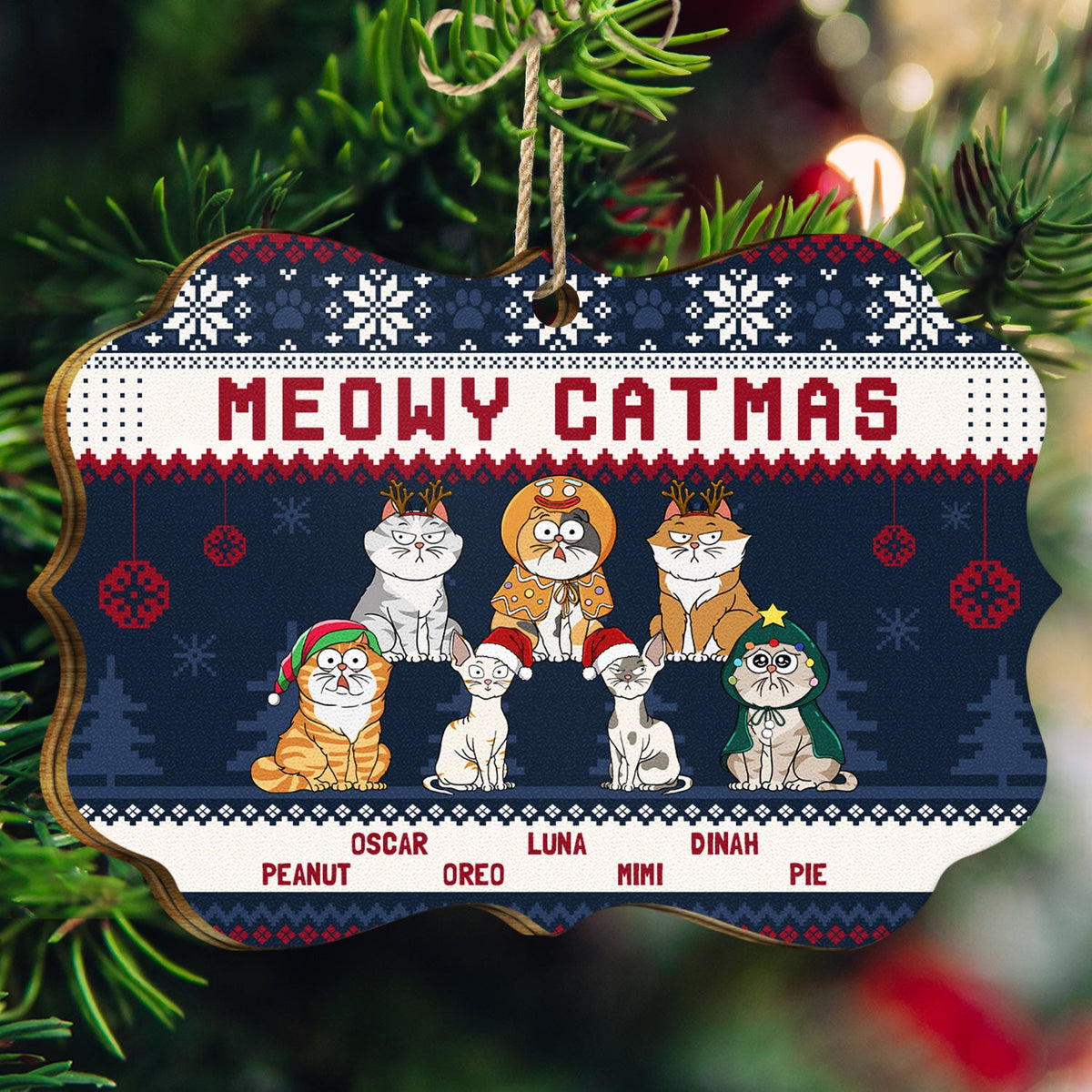 Meowy Catmas Funny Cartoon Cats - Christmas Gift For Cat Lovers, Cat Moms, Cat Dads - Personalized Medallion Wooden Ornament