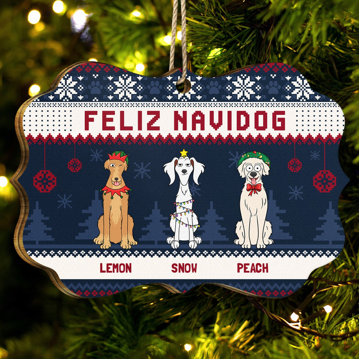 Feliz Navidog Merry Woofmas Funny Cartoon Dogs - Christmas Gift For Dog Lovers - Personalized Medallion Wooden Ornament