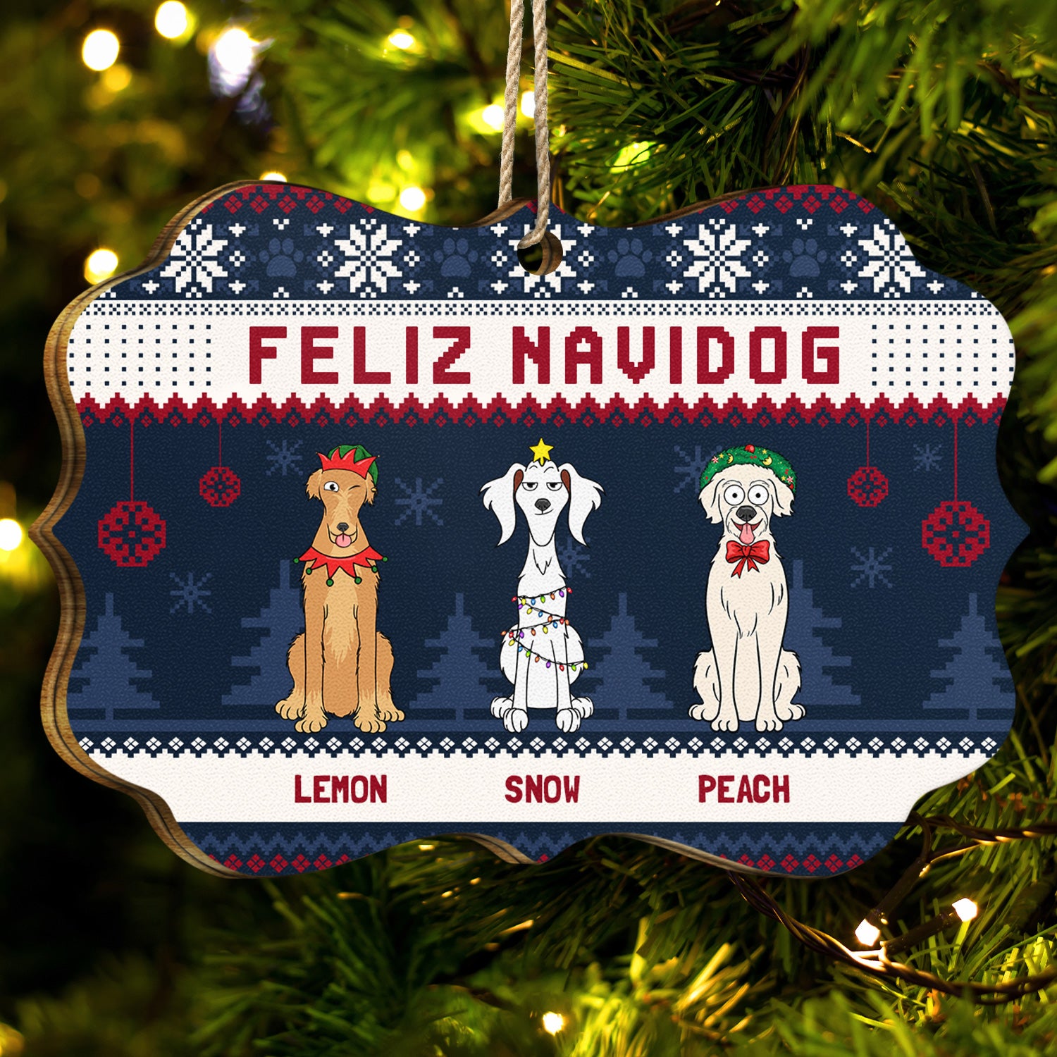 Feliz Navidog Merry Woofmas Funny Cartoon Dogs - Christmas Gift For Dog Lovers - Personalized Medallion Wooden Ornament