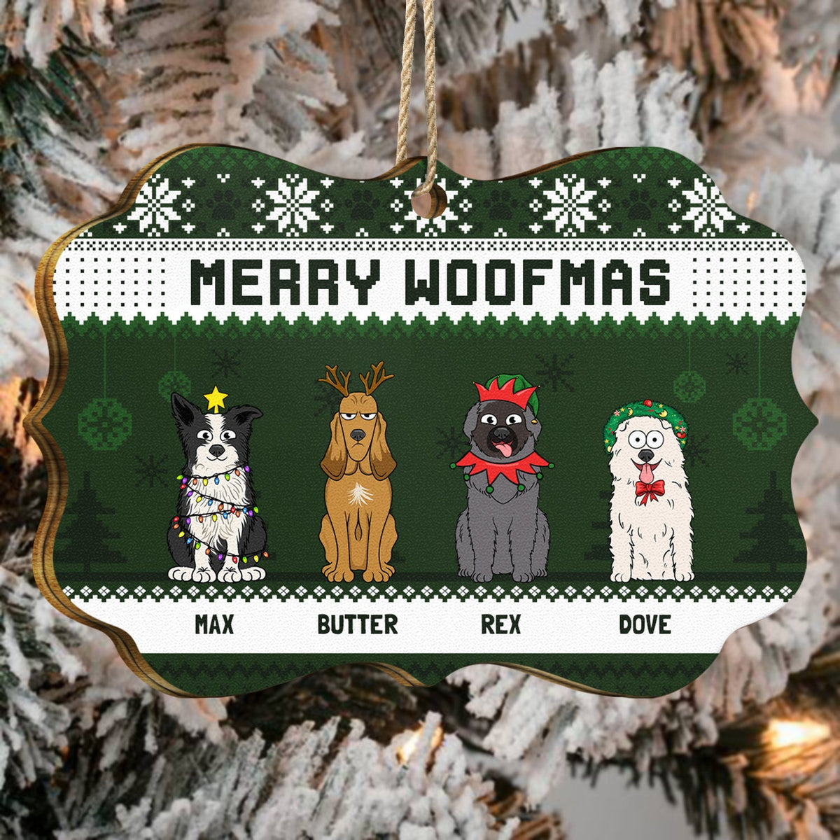 Feliz Navidog Merry Woofmas Funny Cartoon Dogs - Christmas Gift For Dog Lovers - Personalized Medallion Wooden Ornament