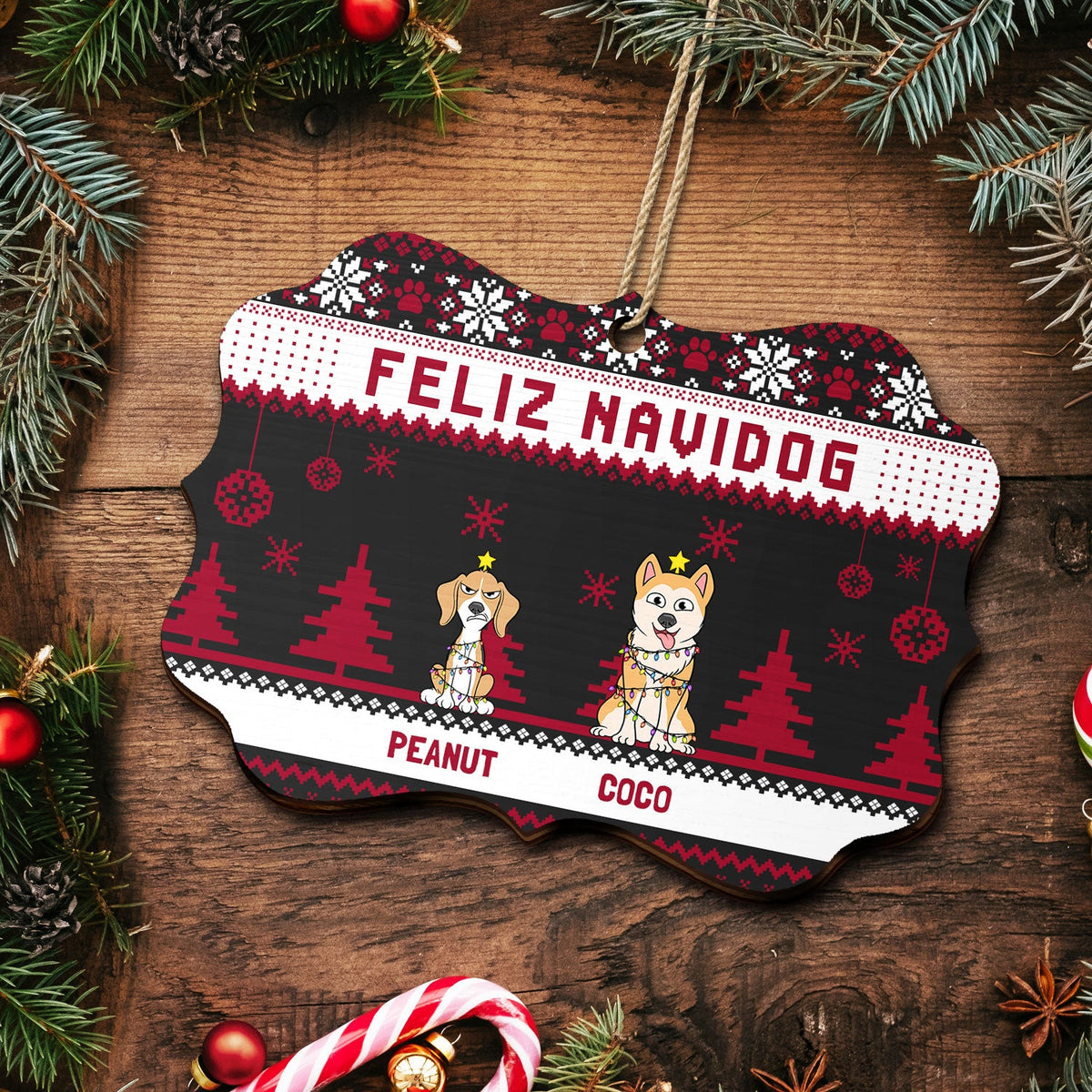 Feliz Navidog Merry Woofmas Funny Cartoon Dogs - Christmas Gift For Dog Lovers - Personalized Medallion Wooden Ornament