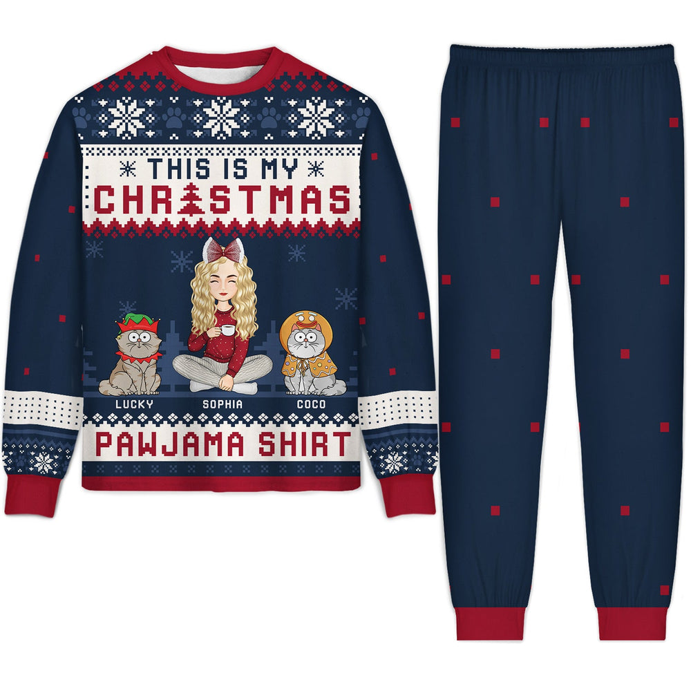 Pyjama de Noël motif chat style dessin animé - Cadeau pour amoureux des chats, mamans et papas chats - Ensemble pyjama unisexe personnalisé