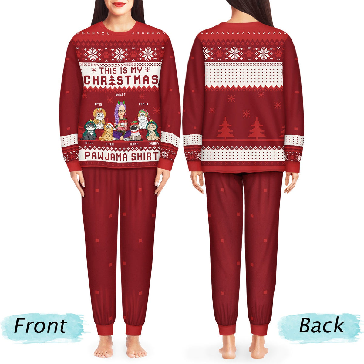 Cat Christmas Pawjama Shirt Cartoon Style - Gift For Cat Lovers, Cat Moms, Cat Dads - Personalized Unisex Pajamas Set