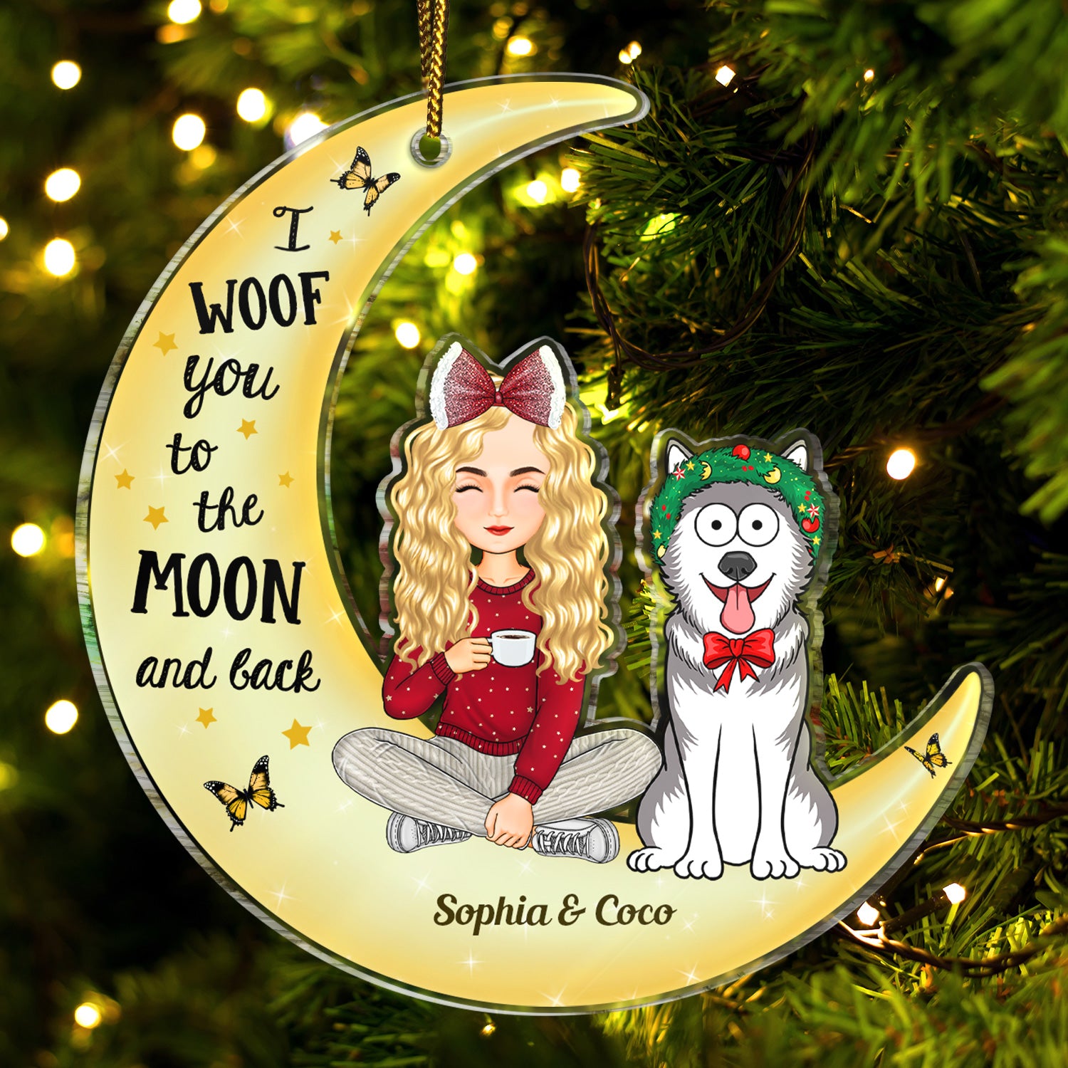 Woof You To The Moon & Back Cartoon Style - Christmas Gift For Dog Lovers, Dog Mom, Dog Dad - Personalized Cutout Acrylic Ornament