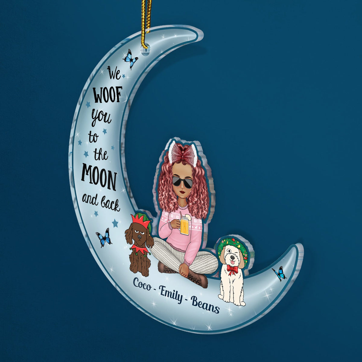 Woof You To The Moon & Back Cartoon Style - Christmas Gift For Dog Lovers, Dog Mom, Dog Dad - Personalized Cutout Acrylic Ornament