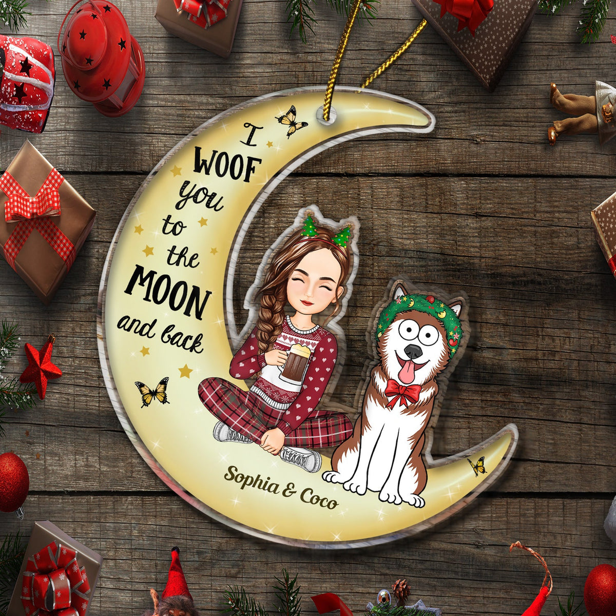 Woof You To The Moon & Back Cartoon Style - Christmas Gift For Dog Lovers, Dog Mom, Dog Dad - Personalized Cutout Acrylic Ornament