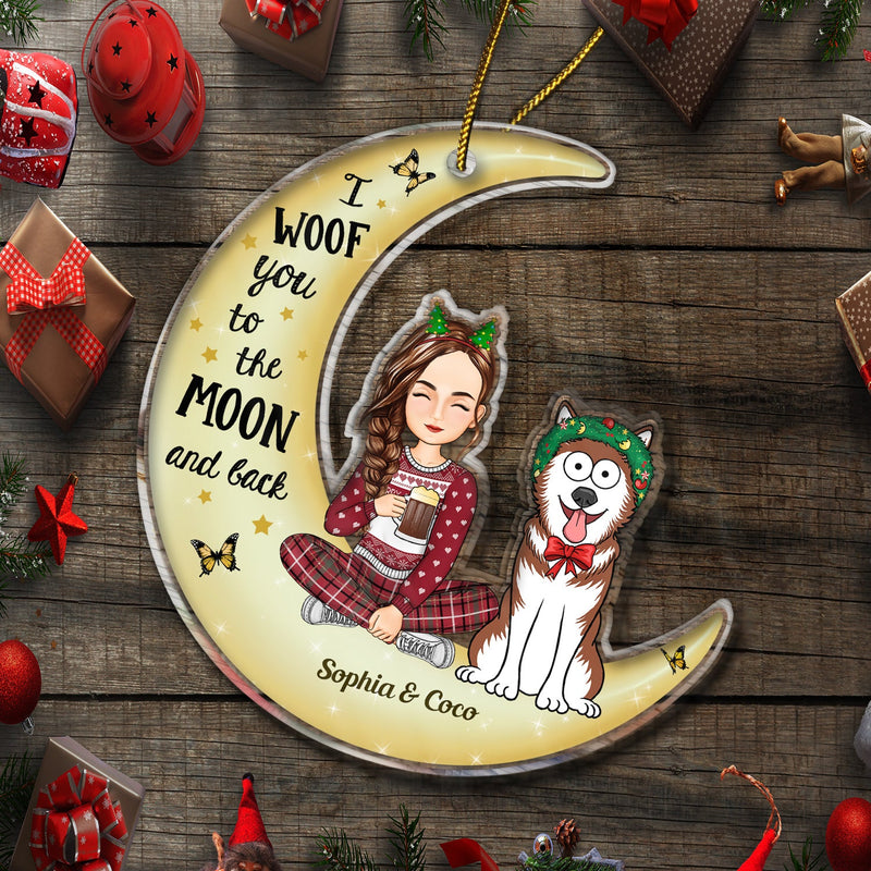 Woof You To The Moon & Back Cartoon Style - Christmas Gift For Dog Lovers, Dog Mom, Dog Dad - Personalized Cutout Acrylic Ornament