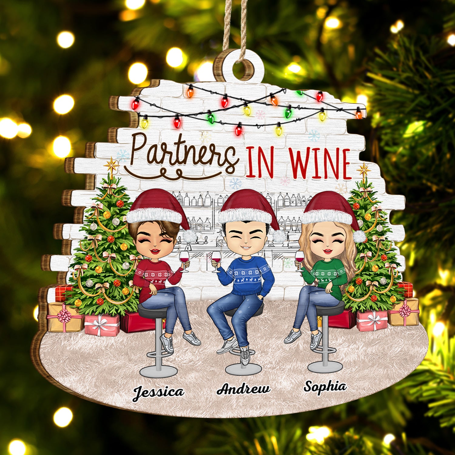 Partners In Wine - Christmas Gift For Besties, BFF Best Friends, Siblings, Sisters, Brothers - Personalized Custom Shaped Wooden Ornament